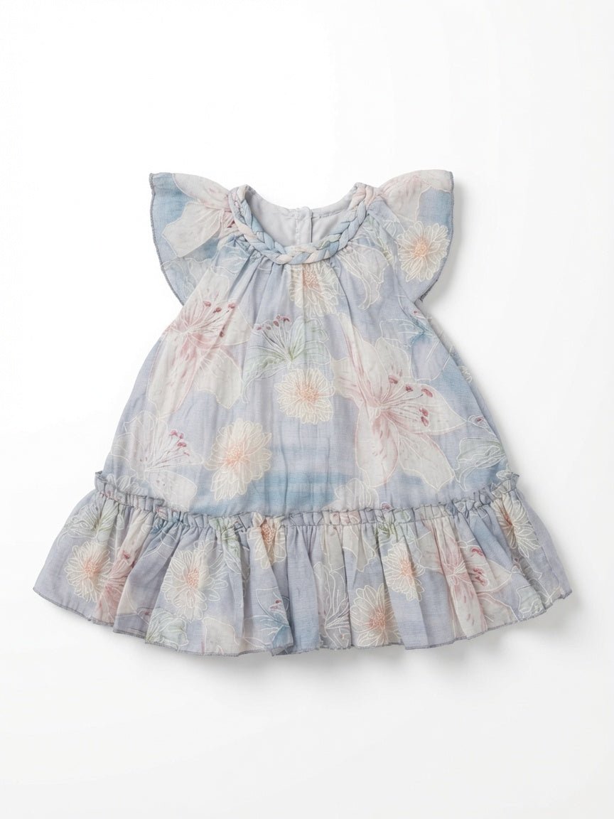 Vestido Floral Lavanda con Cuello Trenzado