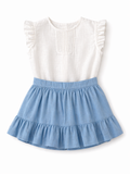 Conjunto en Lino Blusa Blanca y Falda en Azul Cielo