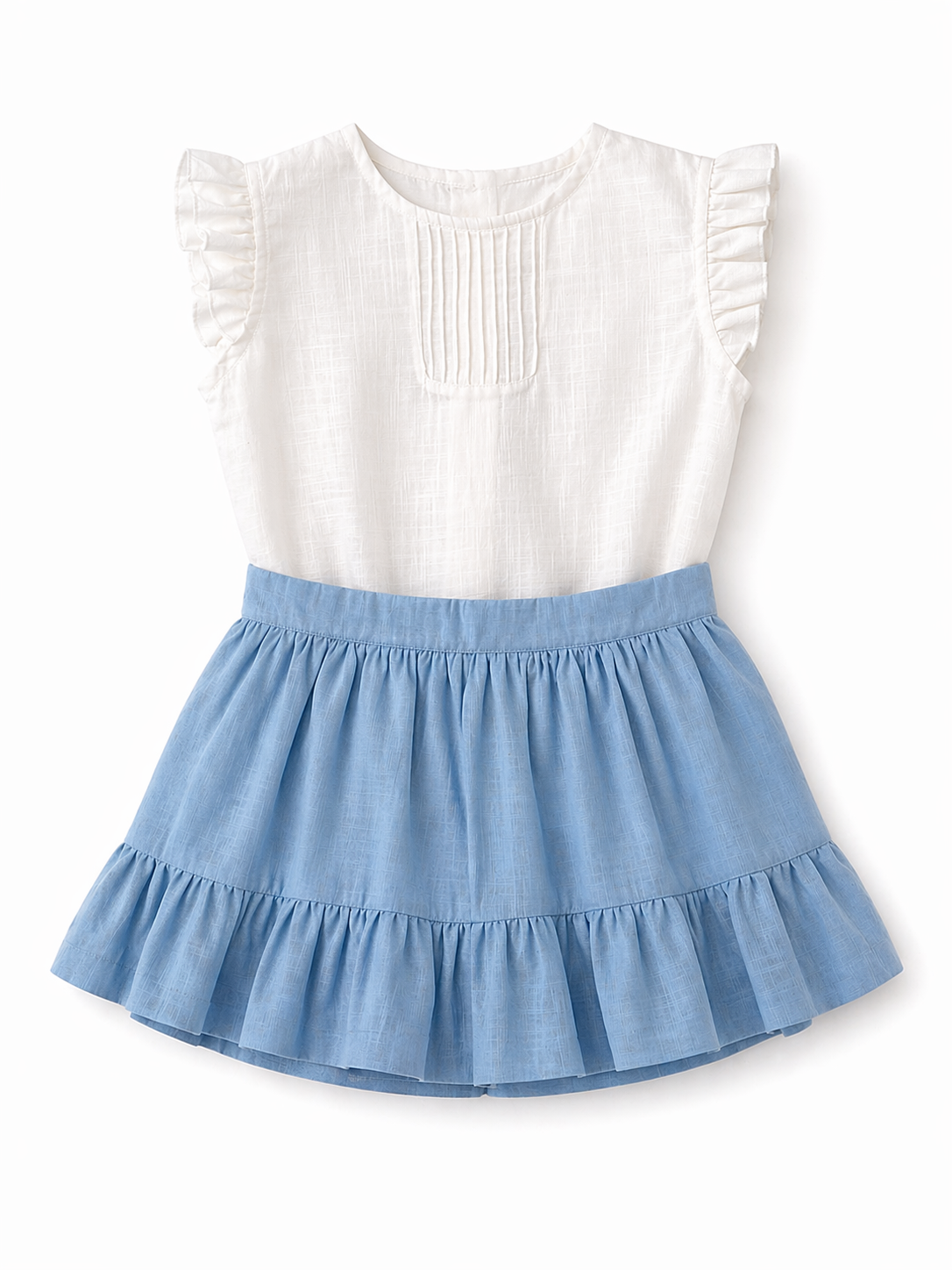 Conjunto en Lino Blusa Blanca y Falda en Azul Cielo