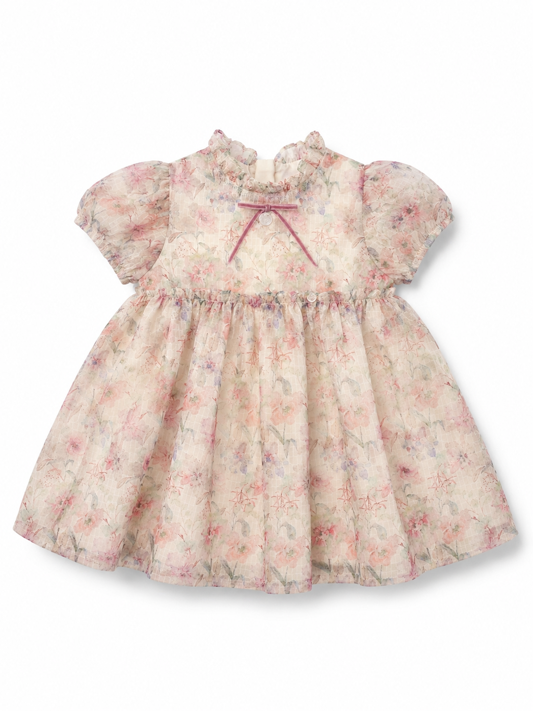 Vestido Estampado Floral Rosa con Lazo en Terciopelo