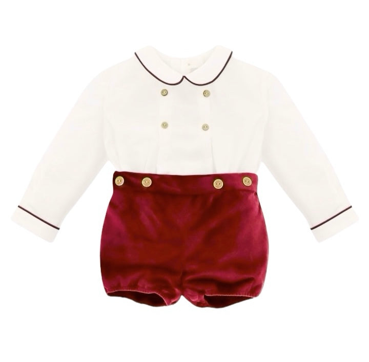Conjunto Bermuda Roja en Velvet y Camisa Manga Larga Cuello Peter Pan