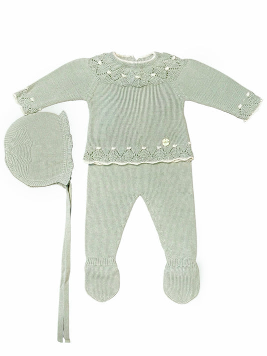Conjunto Perle Verde Menta con Detalles en Blanco Capota a Juego
