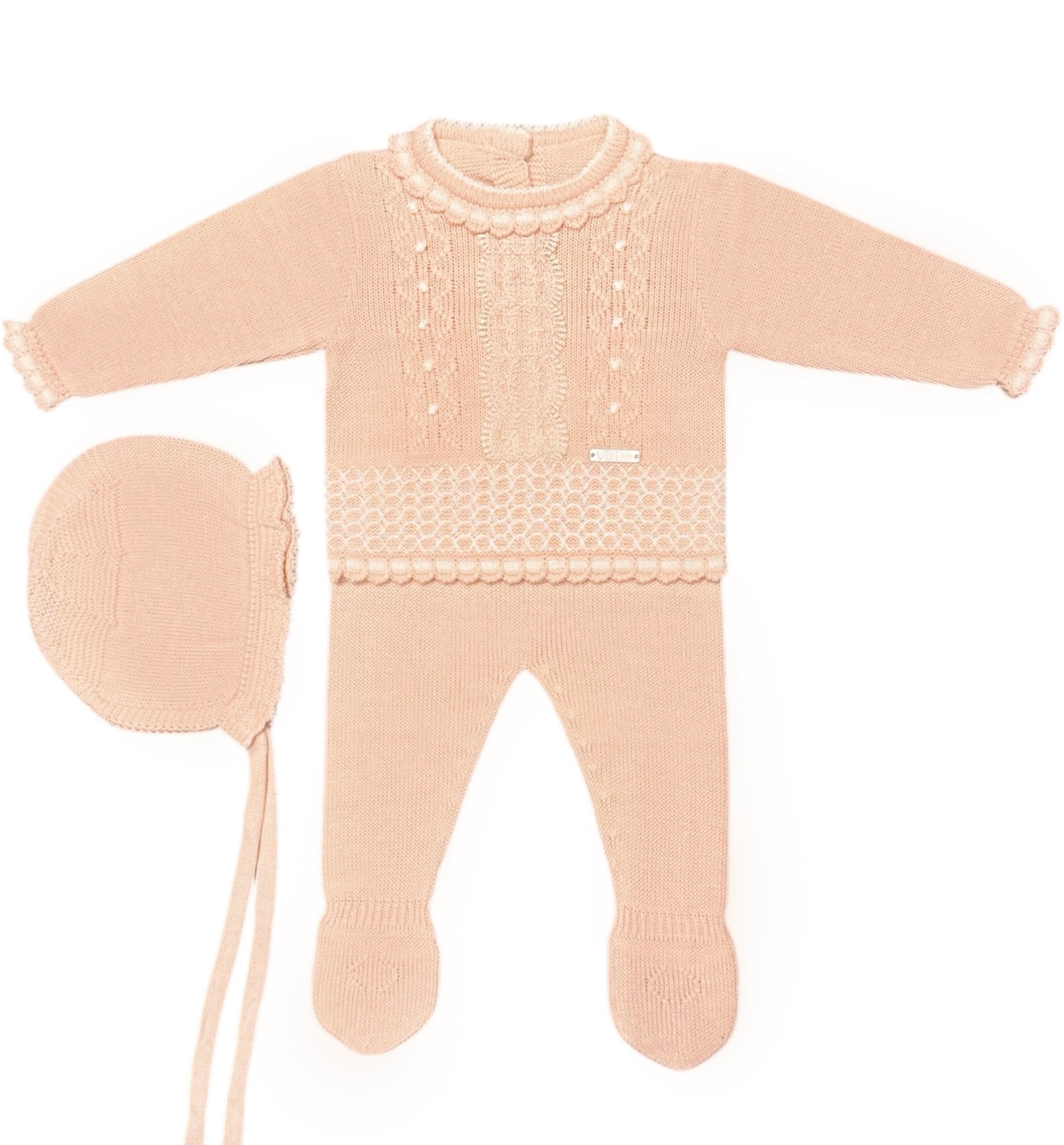Conjunto Perle Rosa Empolvado con Encaje y Detalles en Crudo y Capota a Juego