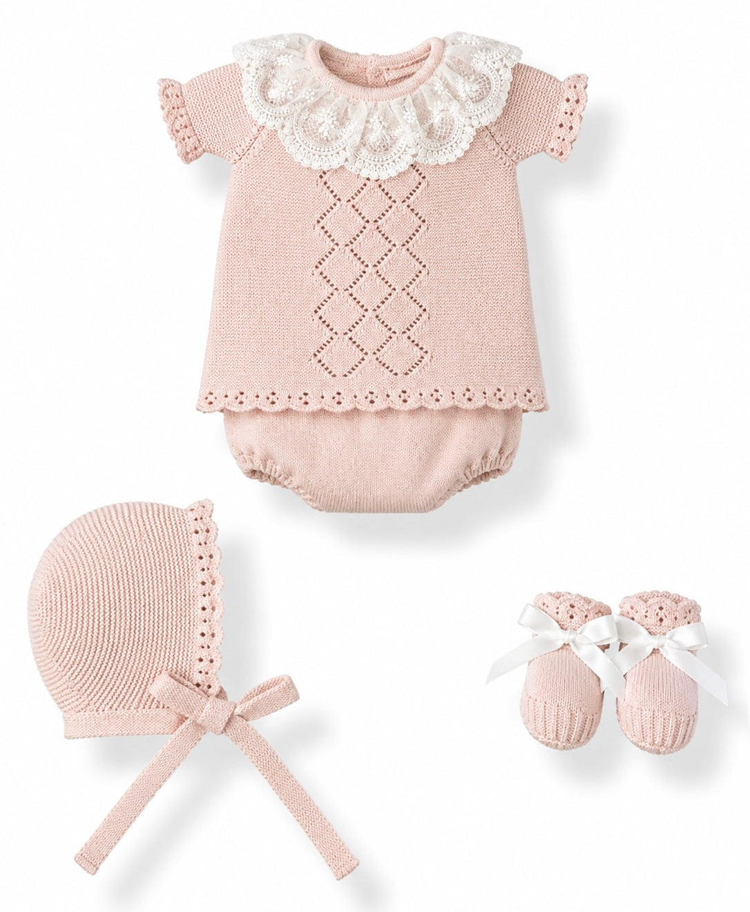 Conjunto Perle 4 Piezas con Cuello Encaje Marfil en Rosa Empolvado