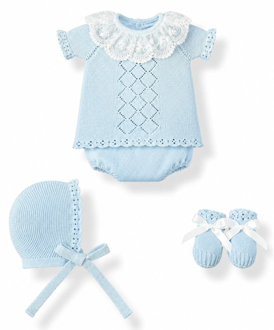 Conjunto Perle 4 Piezas con Cuello Encaje Marfil en Azul Serenity