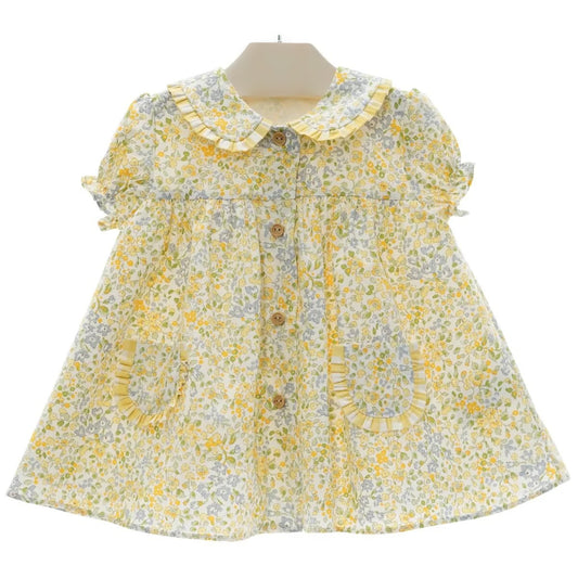 Vestido Floral Amarillo Pastel con Cuello Peter Pan