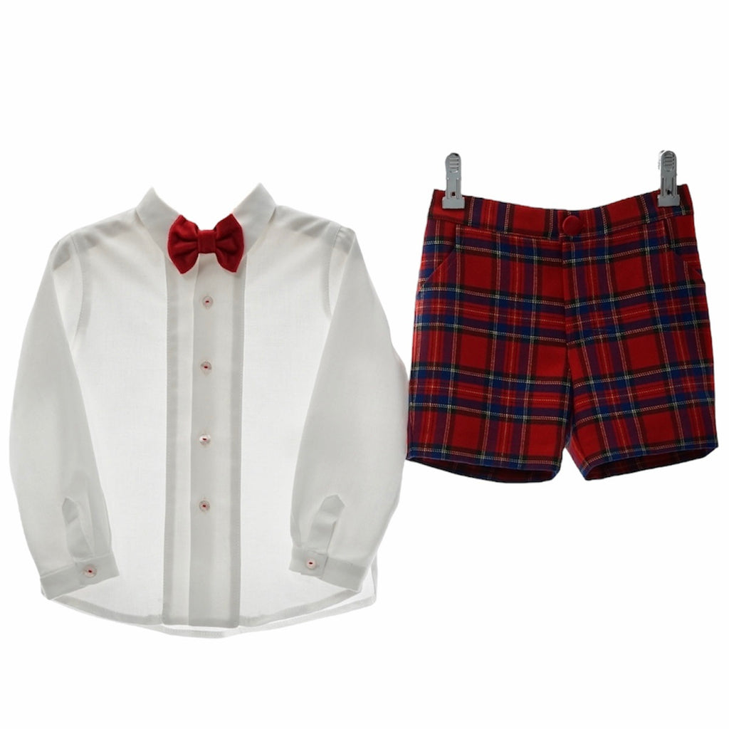 Conjunto Bermuda Tartan Rojo con Pajarita Terciopelo Colección Dedal