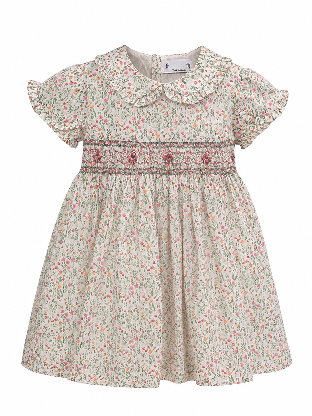Vestido Estampado de Flores Verdes y Rosas Bordadas en Nido de Abeja Santa Lucía