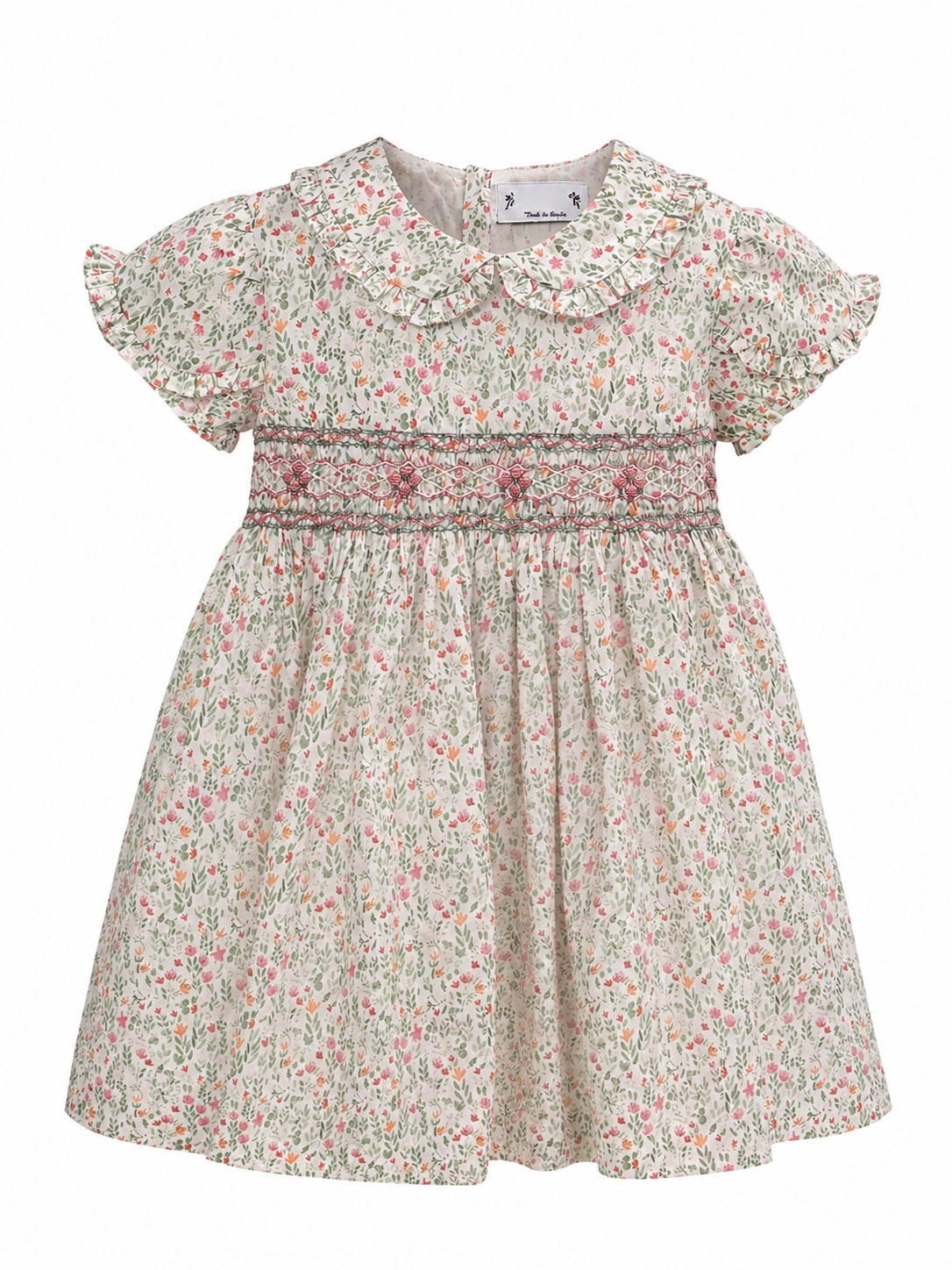 Vestido Estampado de Flores Verdes y Rosas Bordadas en Nido de Abeja Santa Lucía
