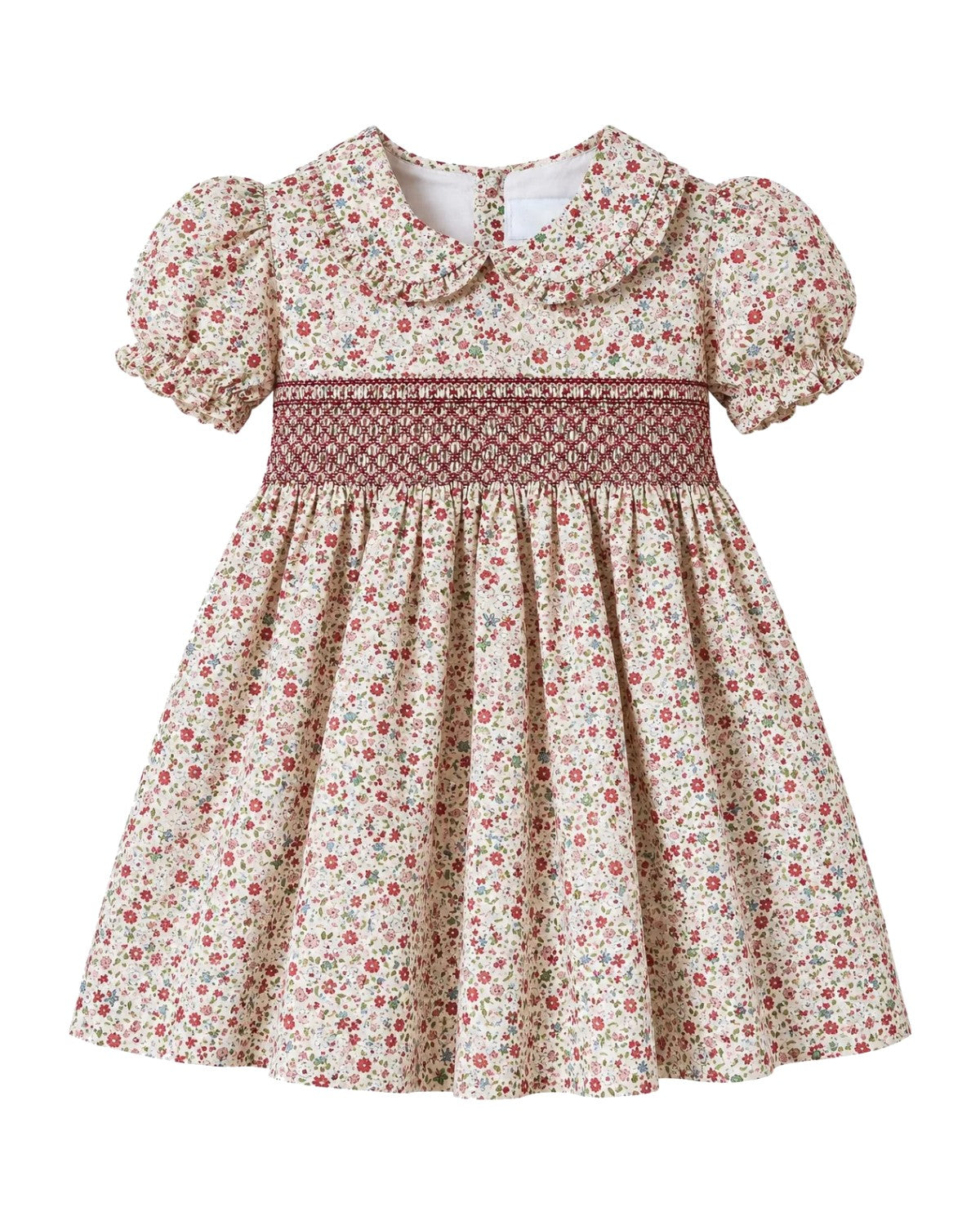 Vestido con Flores Granate Nido de Abeja y Cuello Peter Pan