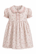 Vestido Estampado de Flores Rosa con Cuello Peter Pan y Mangas Abullonadas