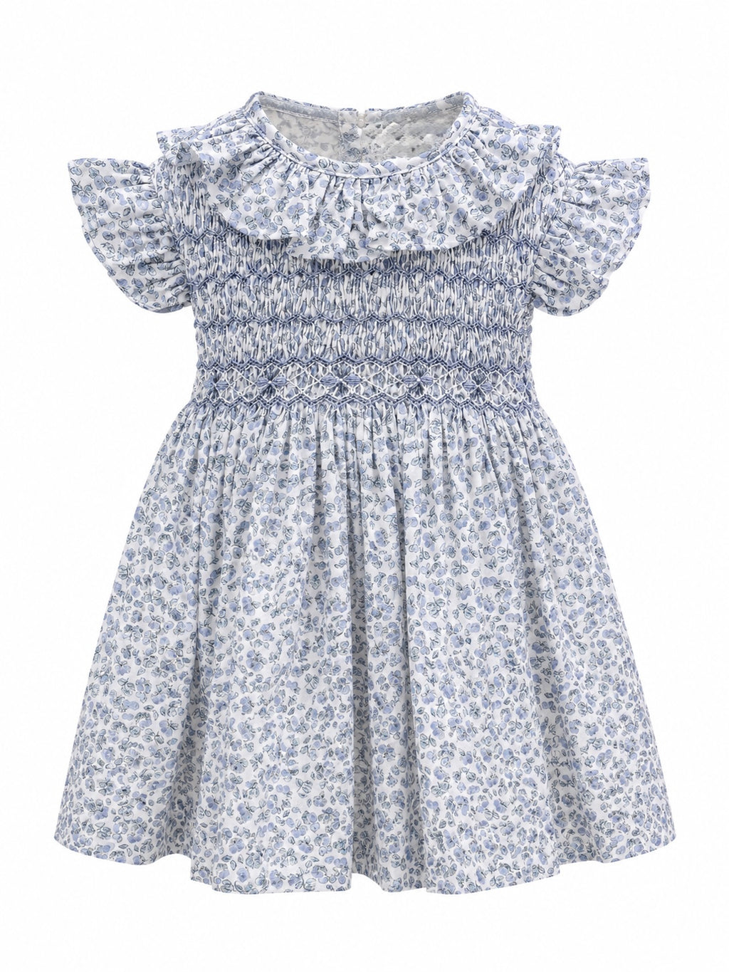 Vestido Estampado de Flores Azules y Rosas Bordadas en Nido de Abeja Milos
