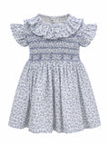 Vestido Estampado de Flores Azules y Rosas Bordadas en Nido de Abeja Milos