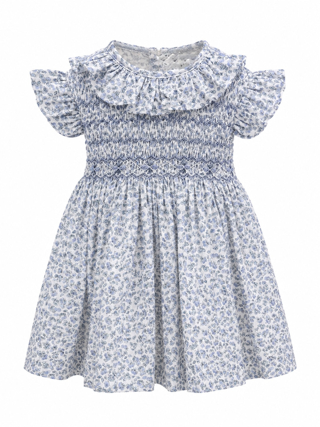 Vestido Estampado de Flores Azules y Rosas Bordadas en Nido de Abeja Milos