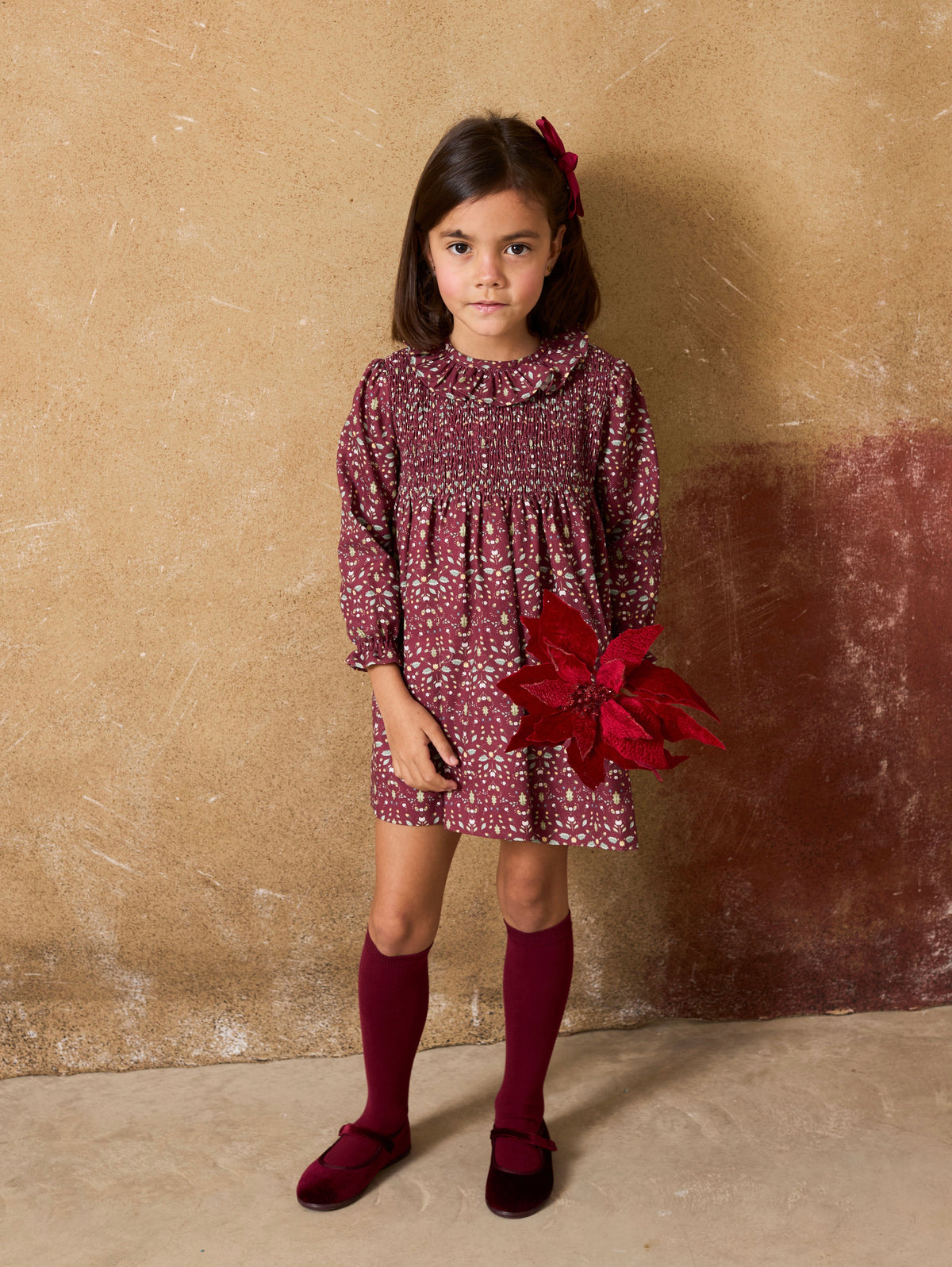 Vestido Granate Gomas Bellota con Cuello Batista