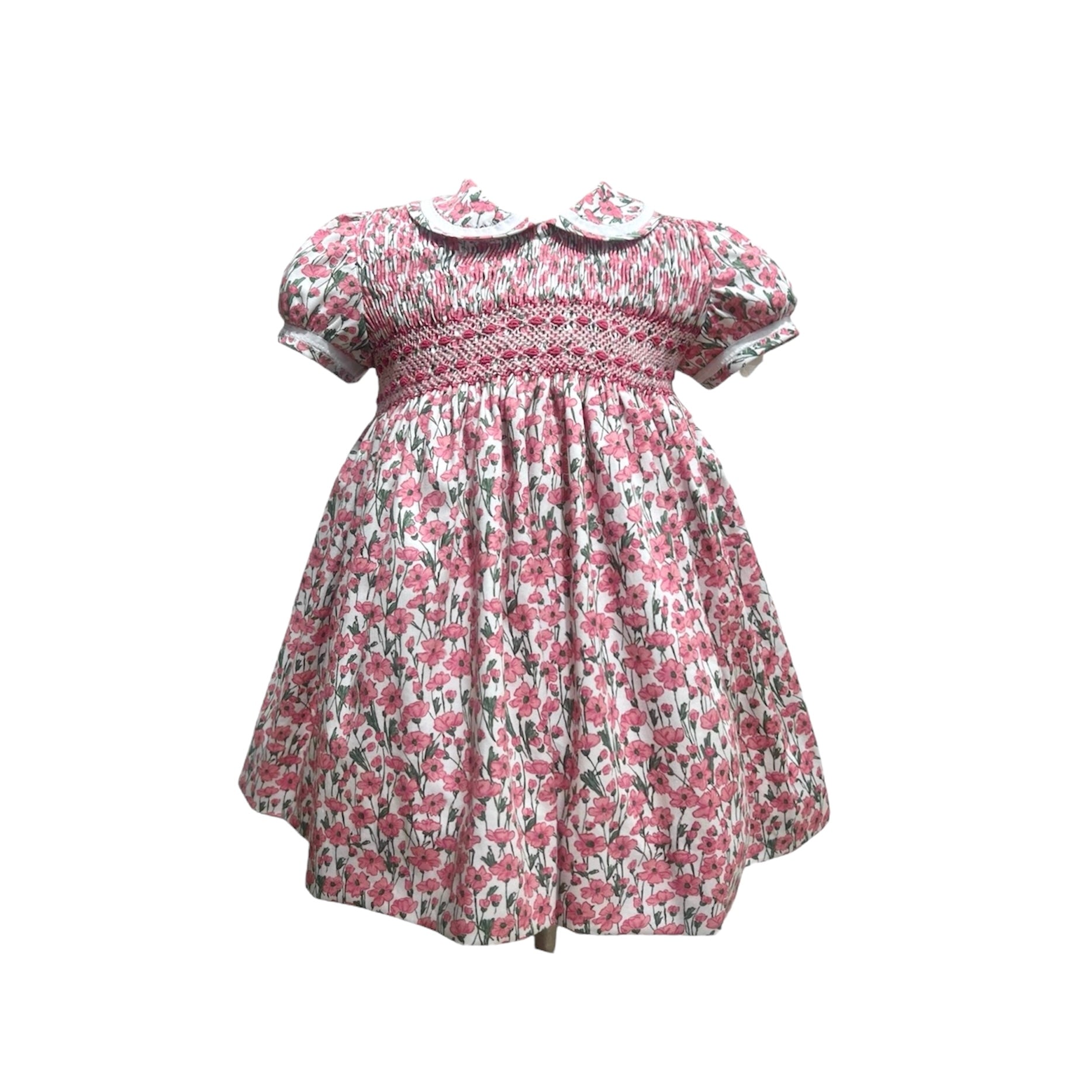 Vestido con Flores Cosmos Fucsia y Nido de Abeja con Cuello Peter