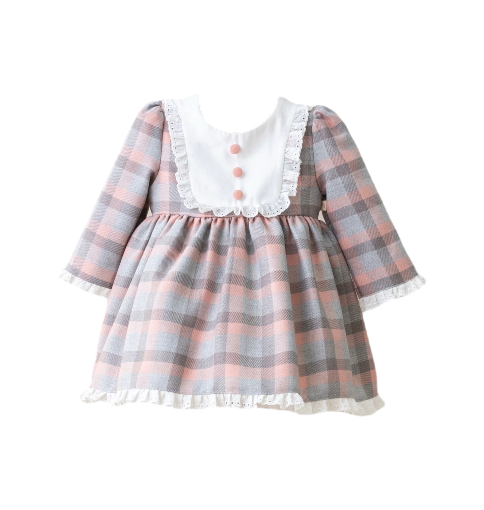 Vestido de Cuadros Rosa con Gris y Blonda Bordada Blanca