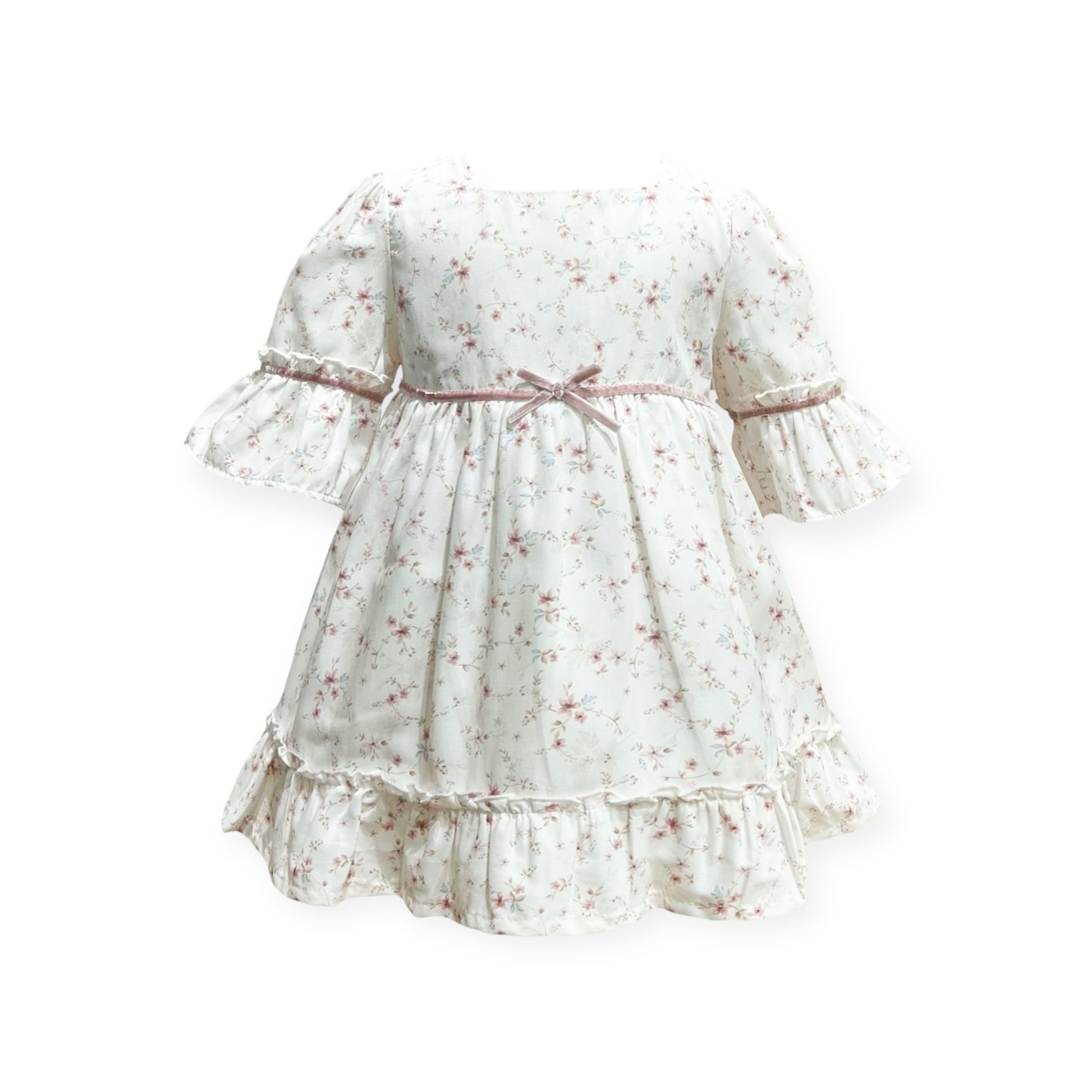 Vestido Blanco con Estampado Floral en Rosa Palo