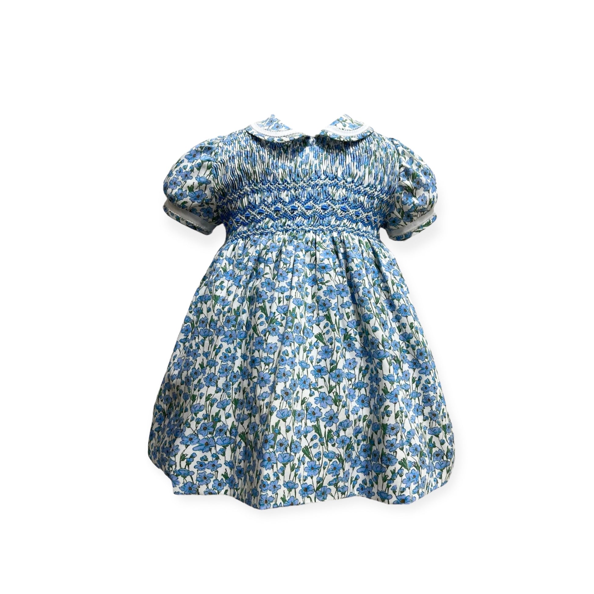 Vestido con Flores Azules Cosmos y Nido de Abeja con Cuello Peter