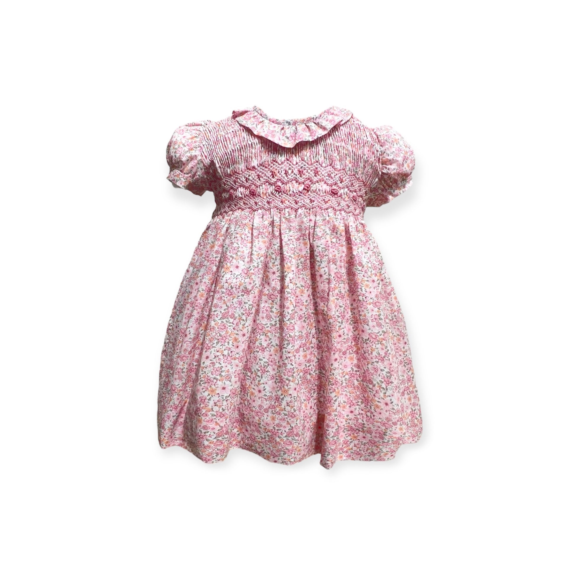 Vestido con Estampado Floral Rosa Nido de Abeja y Cuello Batista