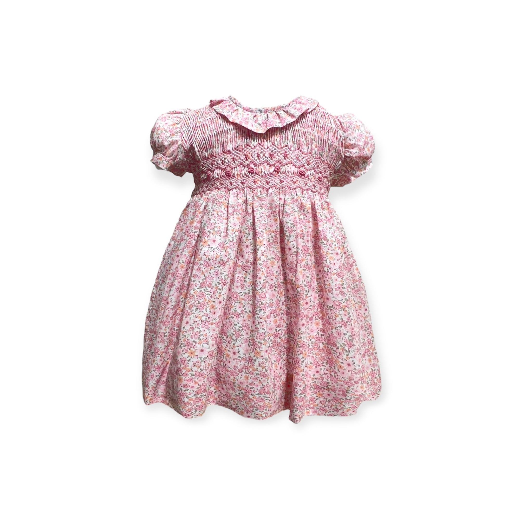 Vestido con Estampado Floral Rosa Nido de Abeja y Cuello Batista