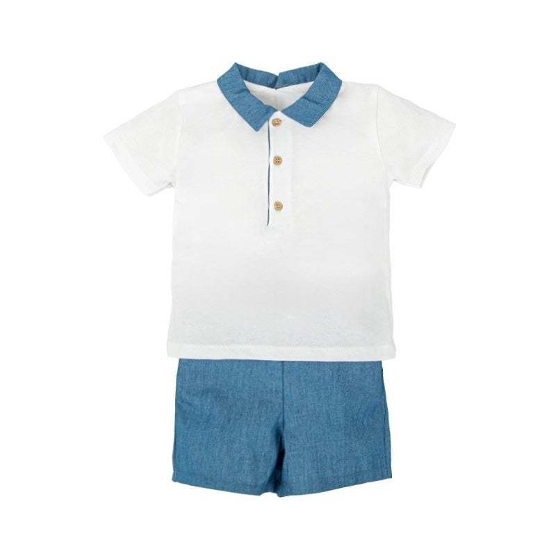 Conjunto Camisa Blanca con Cuello Denim y Bermuda a Juego Abrazo