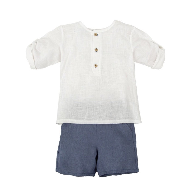 Conjunto Camisa Lino Manga Larga Blanca con Bermuda Azul Claror