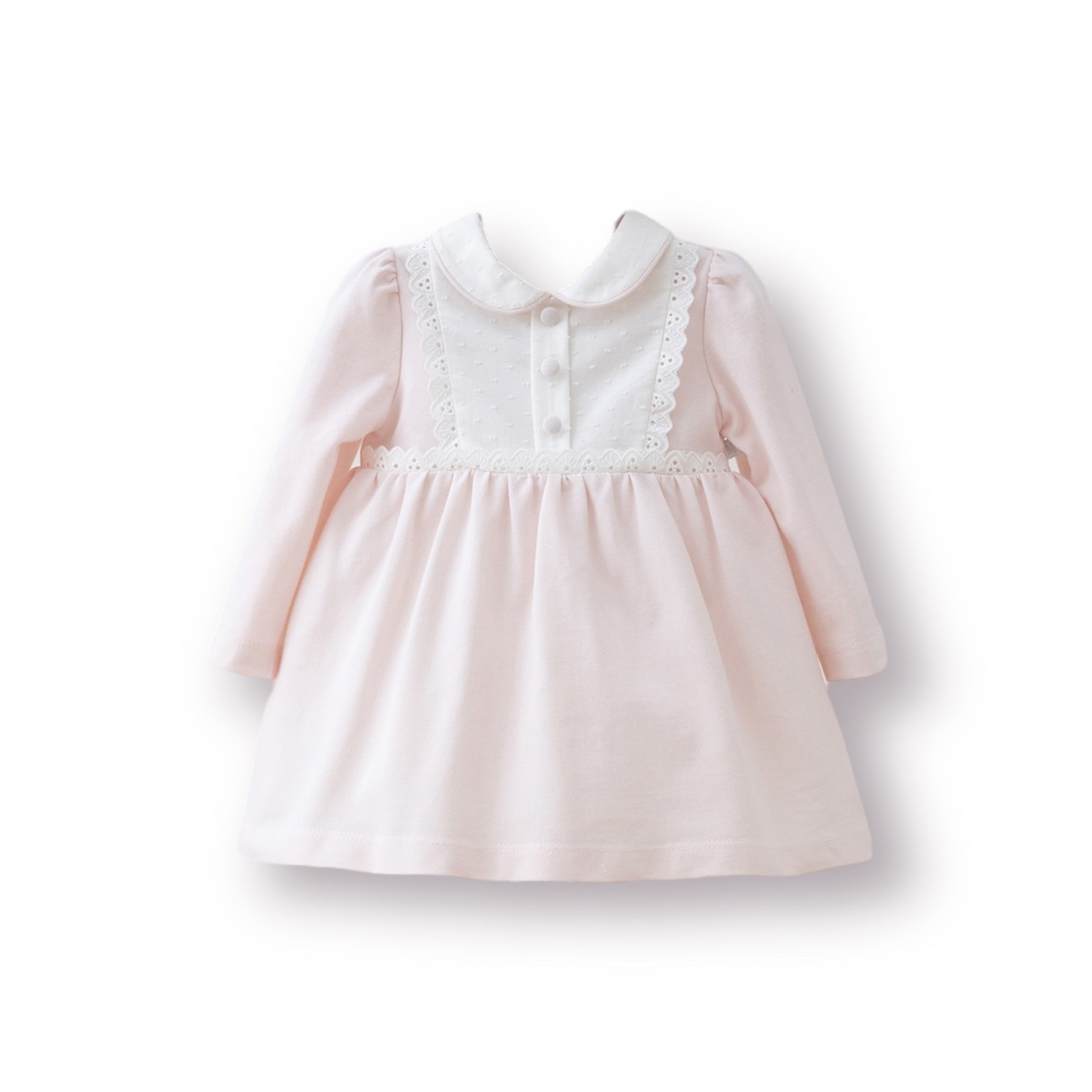 Vestido Manga Larga Rosa con Detalles En Encaje y Plumetti Blanco