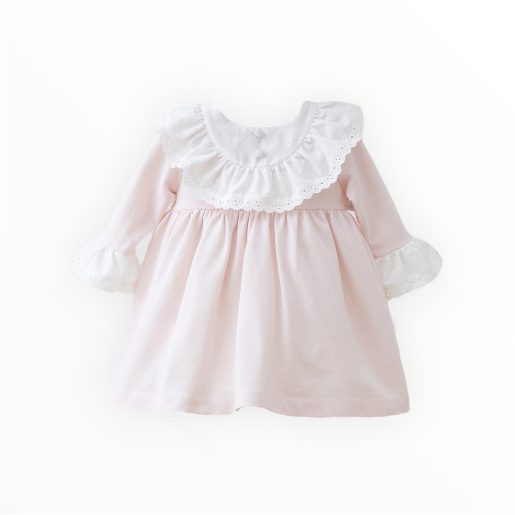 Vestido Manga 3/4 Rosa Pastel con Detalles en Plumeti Blanco