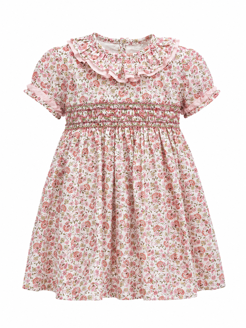 Vestido de Flores Rosa con Bordado Nido de Abeja y Lazo en la Parte Posterior Niza