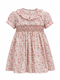 Vestido de Flores Rosa con Bordado Nido de Abeja y Lazo en la Parte Posterior Niza