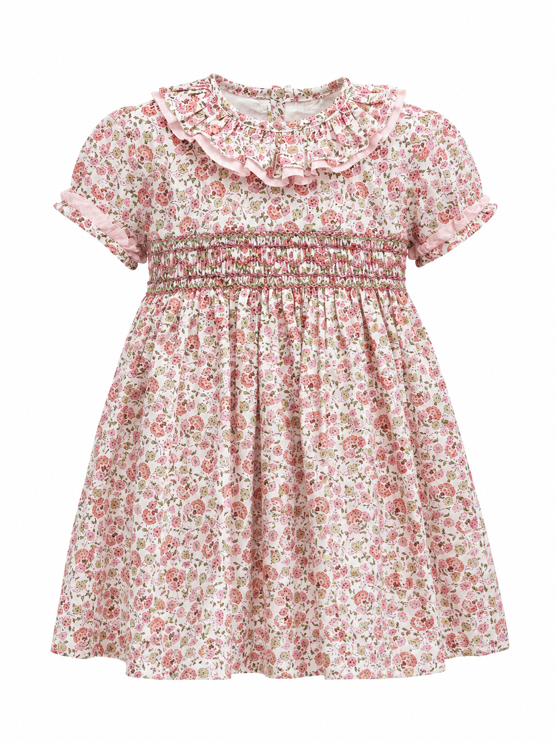 Vestido de Flores Rosa con Bordado Nido de Abeja y Lazo en la Parte Posterior Niza