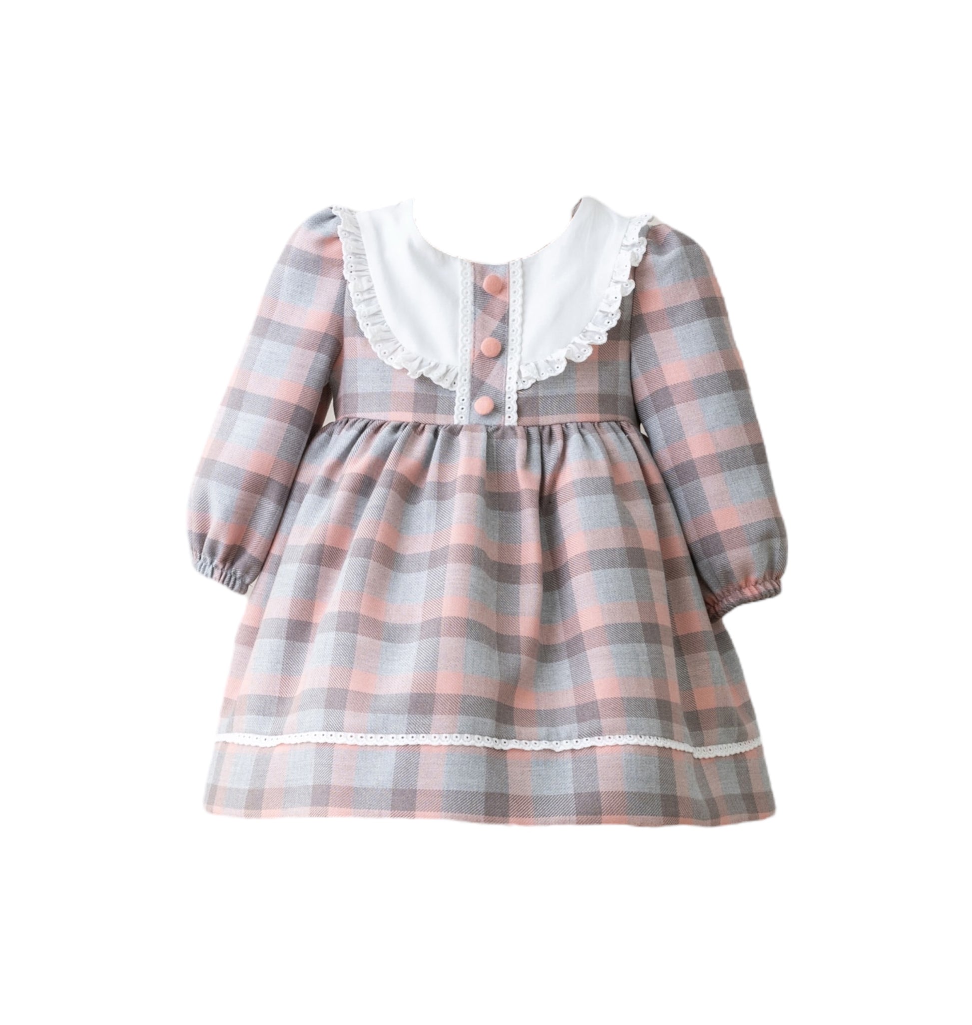 Vestido de Cuadros Rosa con Gris y Con Blonda Bordada y Botones en el Pecho