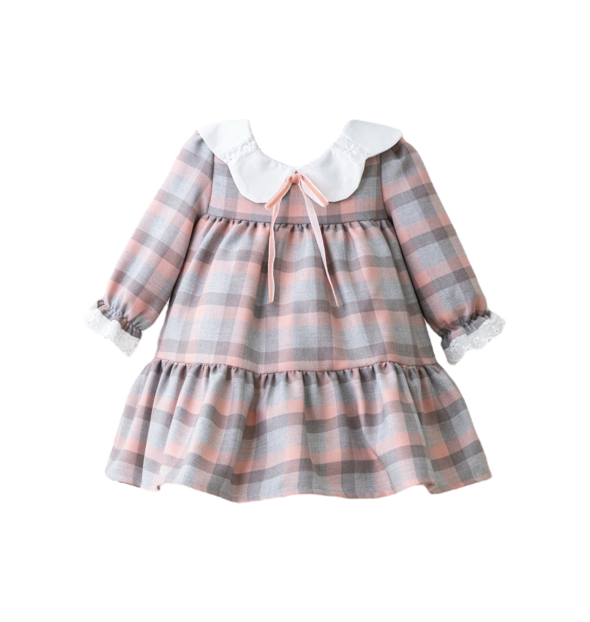Vestido de Cuadros Rosa con Gris y Maxi Cuello con Lazo en Terciopelo