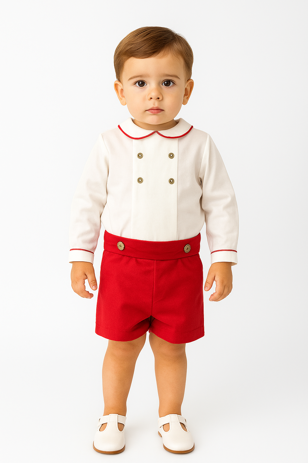 Conjunto Bermuda Roja en Velvet y Camisa Manga Larga Cuello Peter Pan