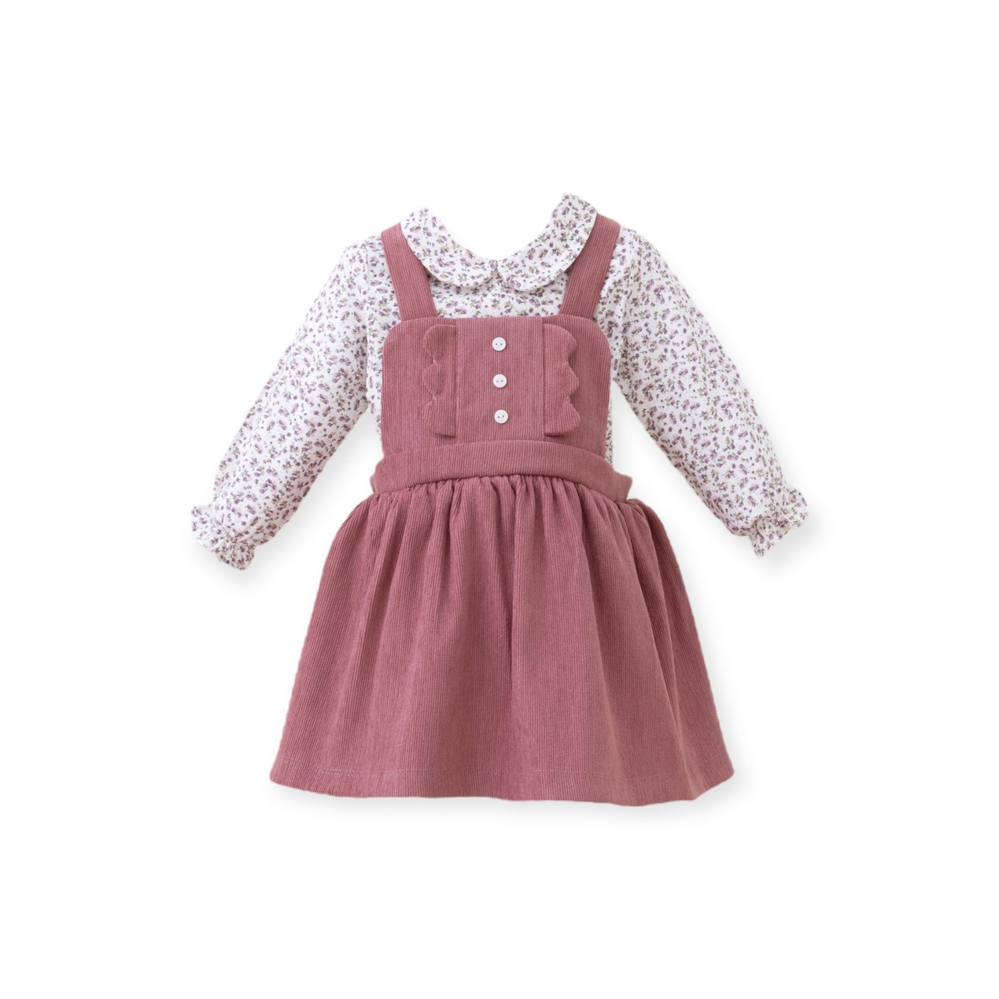Conjunto de Vestido Con Tirantes de Pana Maquillaje y Camisa Manga Larga con Estampado Floral