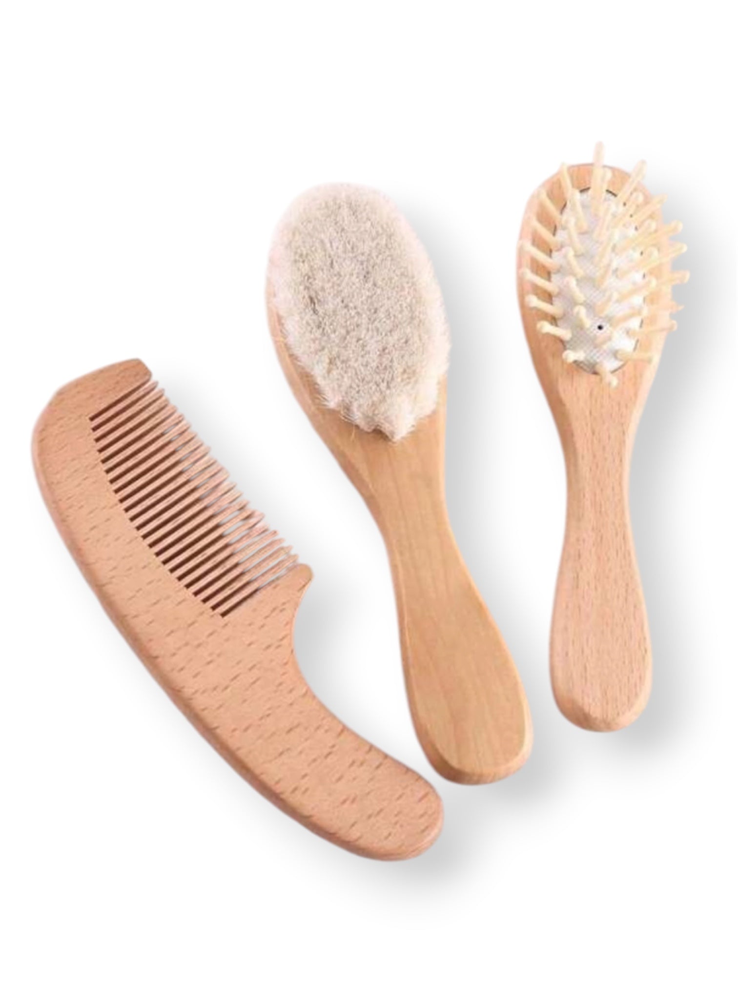Set 3 Piezas Cepillo Suave Lana, Peine y Cepillo Cerdas Pequeno de Madera