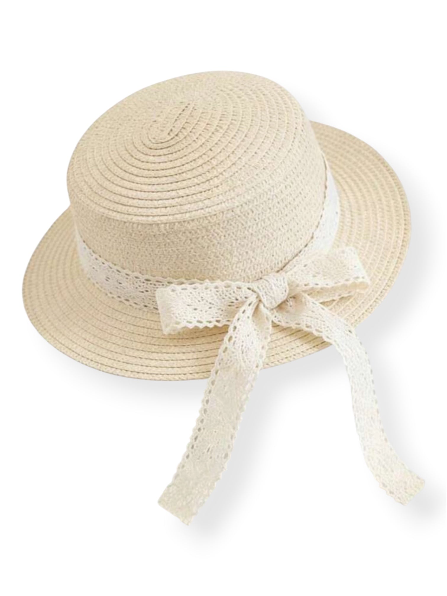 Sombrero de Rafia con Cinta de Crochet Crema