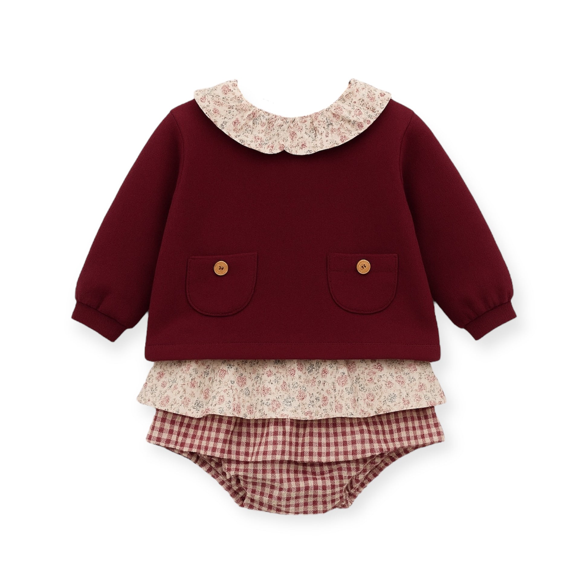 Conjunto Sueter Granate con Cuello Batista Estampado Floral y Cubre Panal Falda Vichy