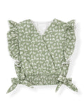 Blusa Verde con Estampado Hojitas Mangas Bordadas y Lazos en Laterales