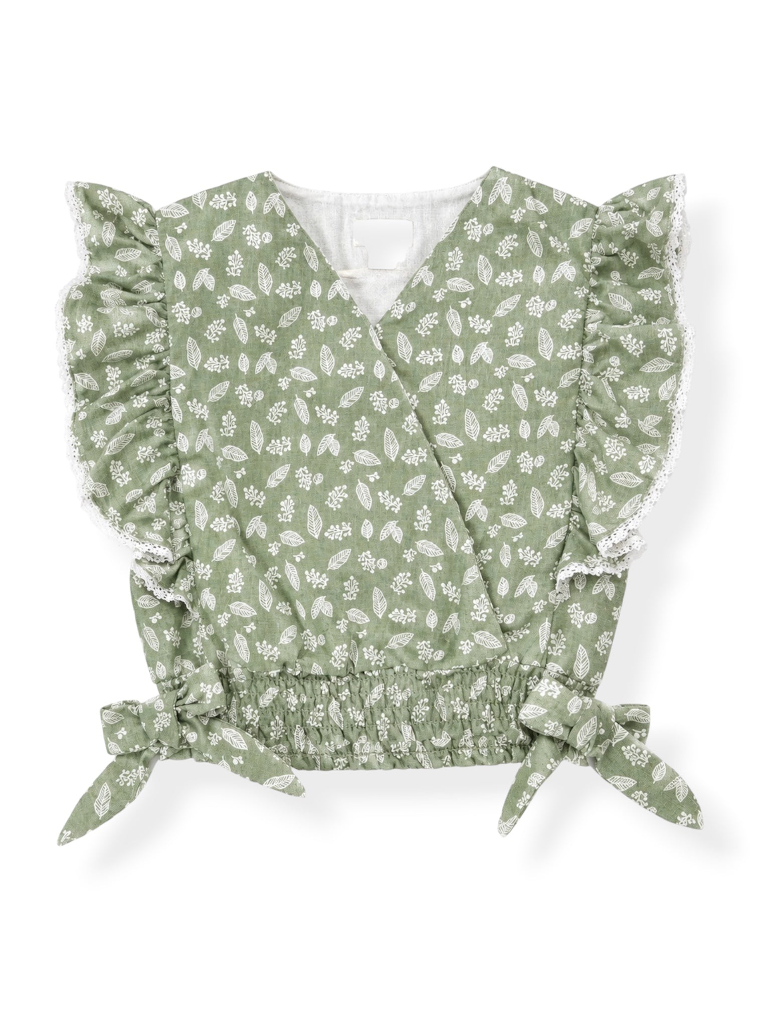 Blusa Verde con Estampado Hojitas Mangas Bordadas y Lazos en Laterales
