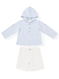 Conjunto de Camisa de Capucha con Rayas Celeste y Bermuda Blanca