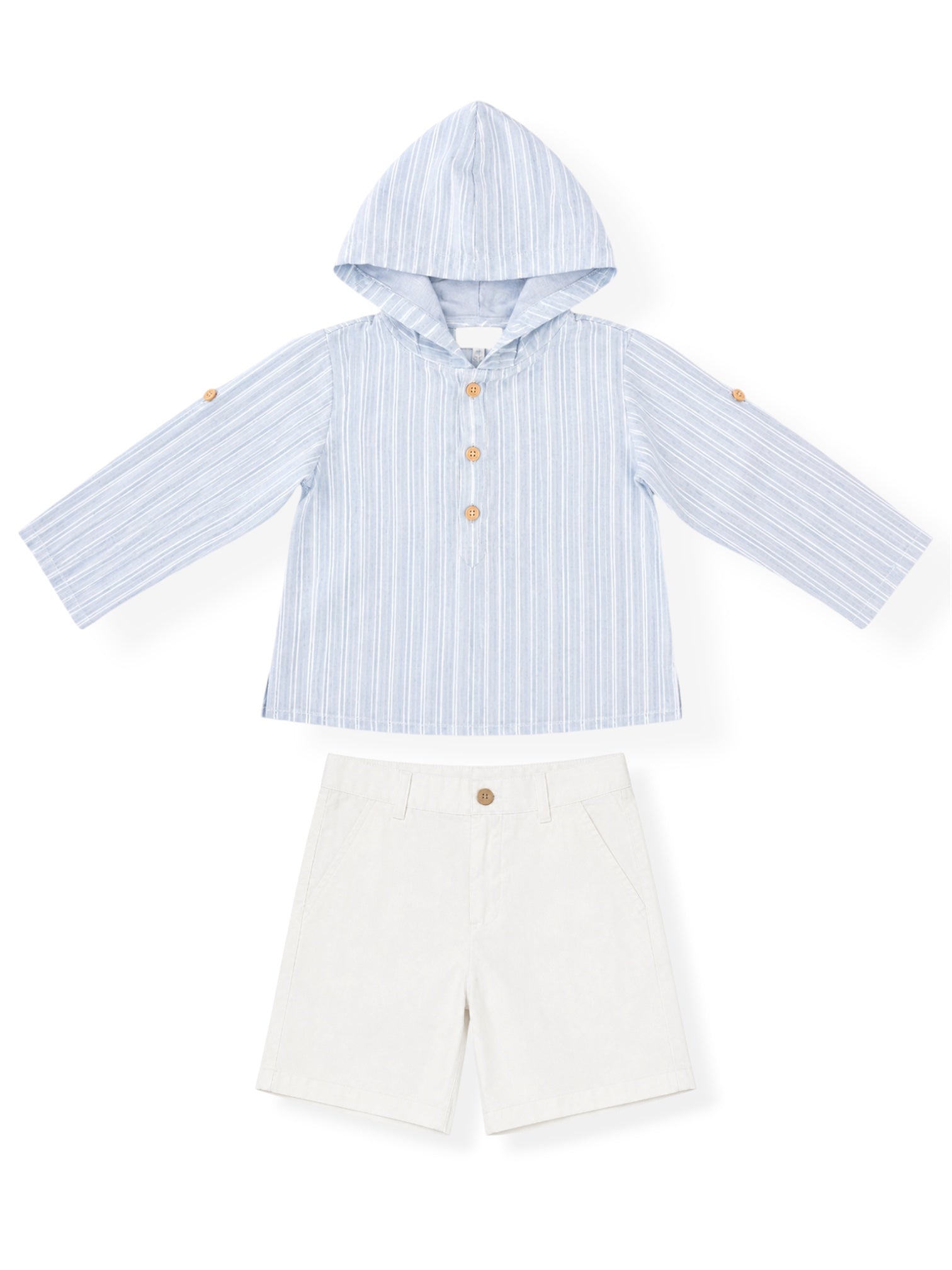 Conjunto de Camisa de Capucha con Rayas Celeste y Bermuda Blanca