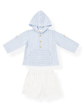 Conjunto Camisa con Capucha de Rayas Celeste y Short Blanco
