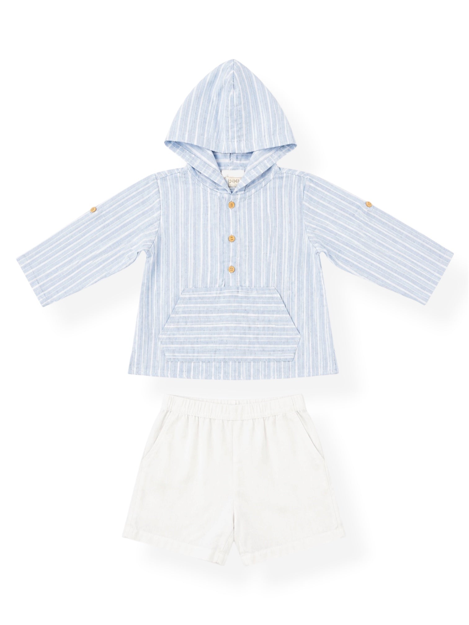 Conjunto Camisa con Capucha de Rayas Celeste y Short Blanco