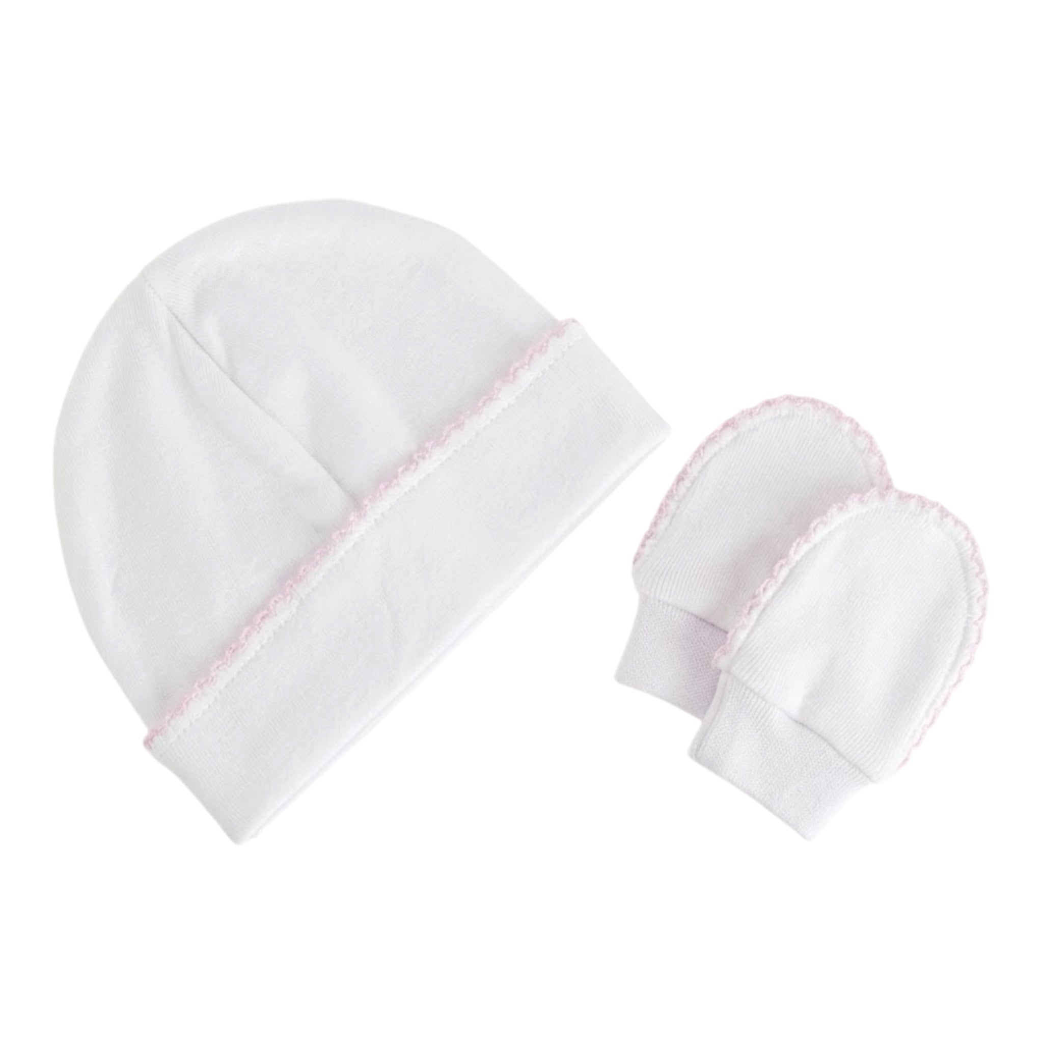 Set Blanco con Bordes Rosa de Gorro y Manoplas