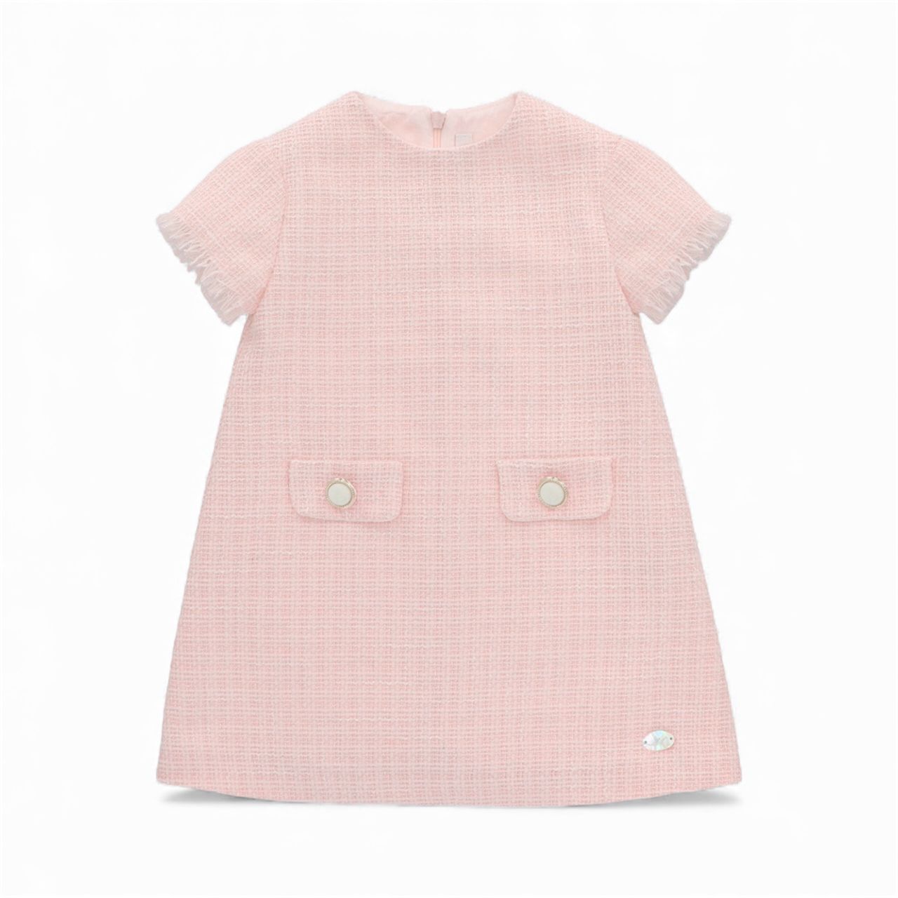 Vestido Tweed Rosa con Destellos Plateados y Botones de Terciopelo