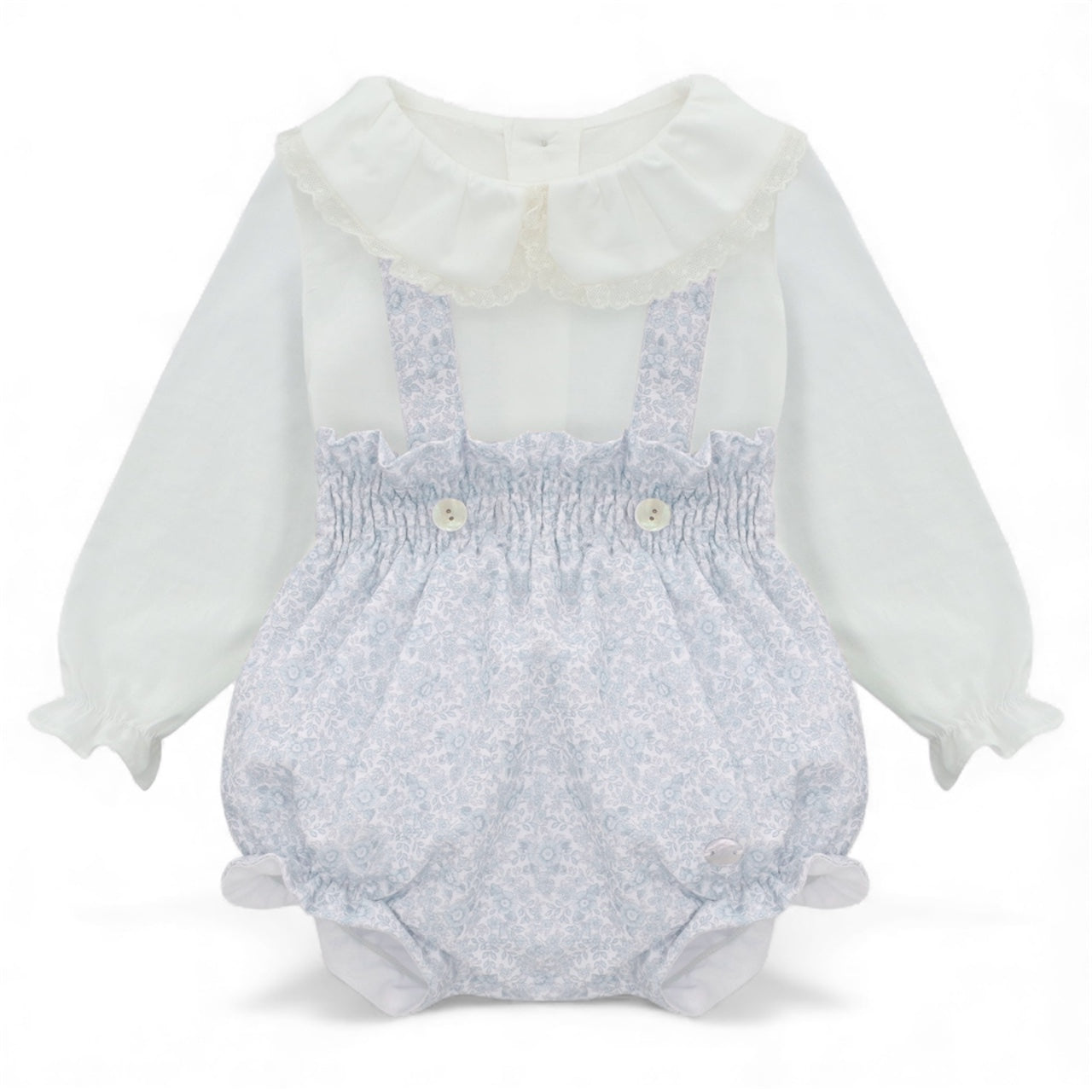 Conjunto de Ranita de Lino con Estampado de Flores Azules y Camisa Cuello Peter Pan con Detalles en Encaje Leeds