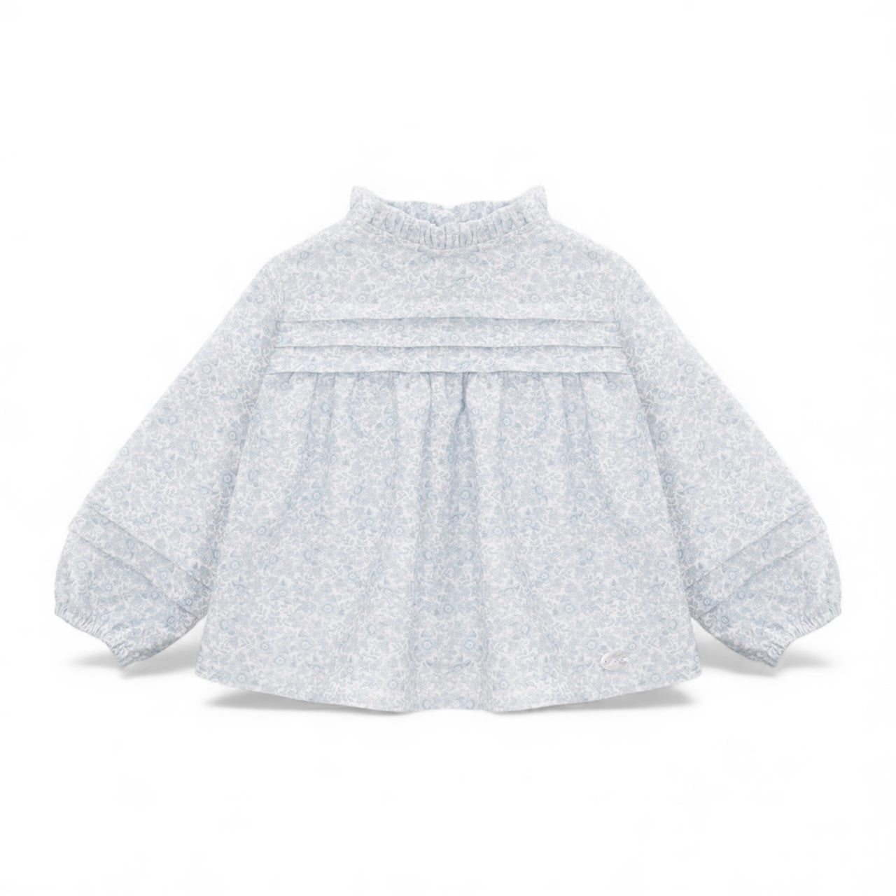 Camisa de Lino con Flores Azules Cuello Alto Leeds