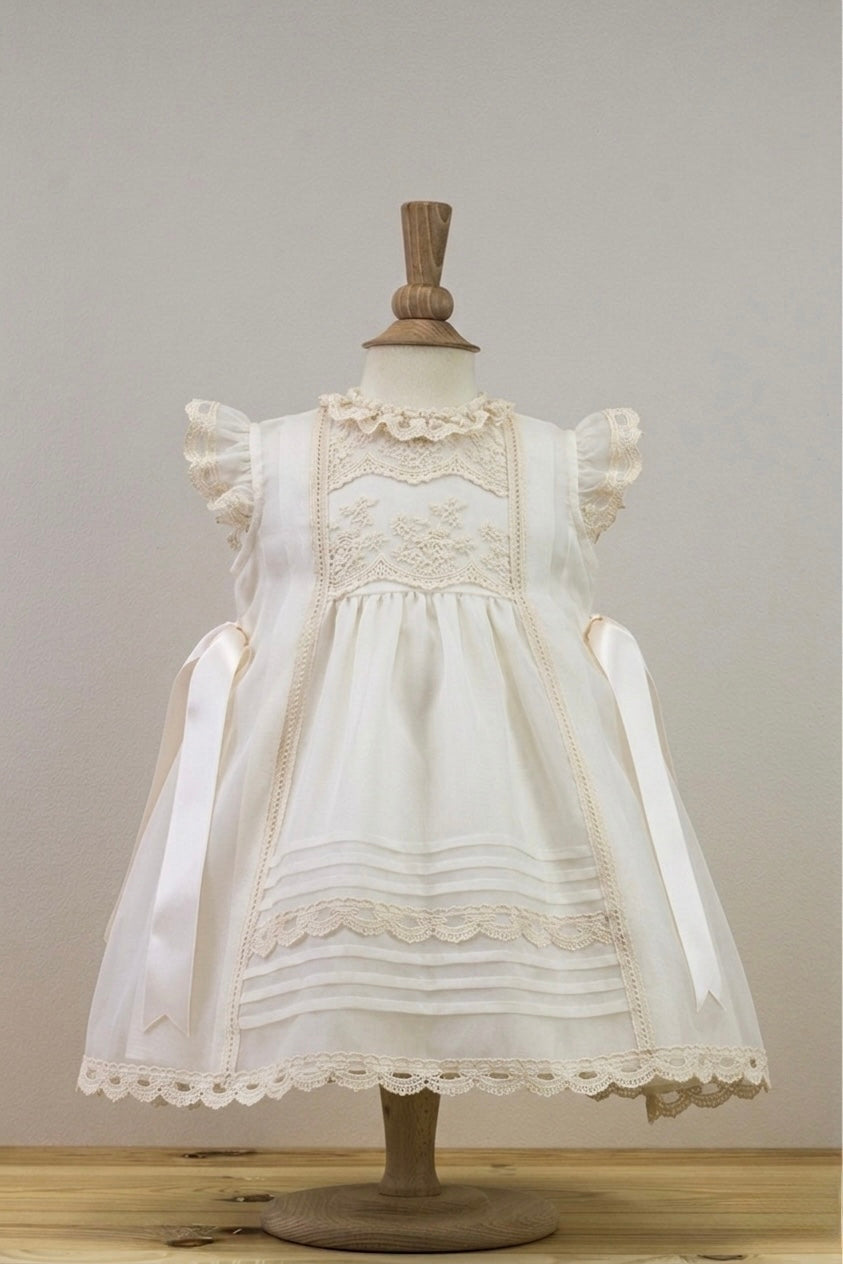 Mantilla Cristal con Encajes y Lazos Laterales de Razo Crema